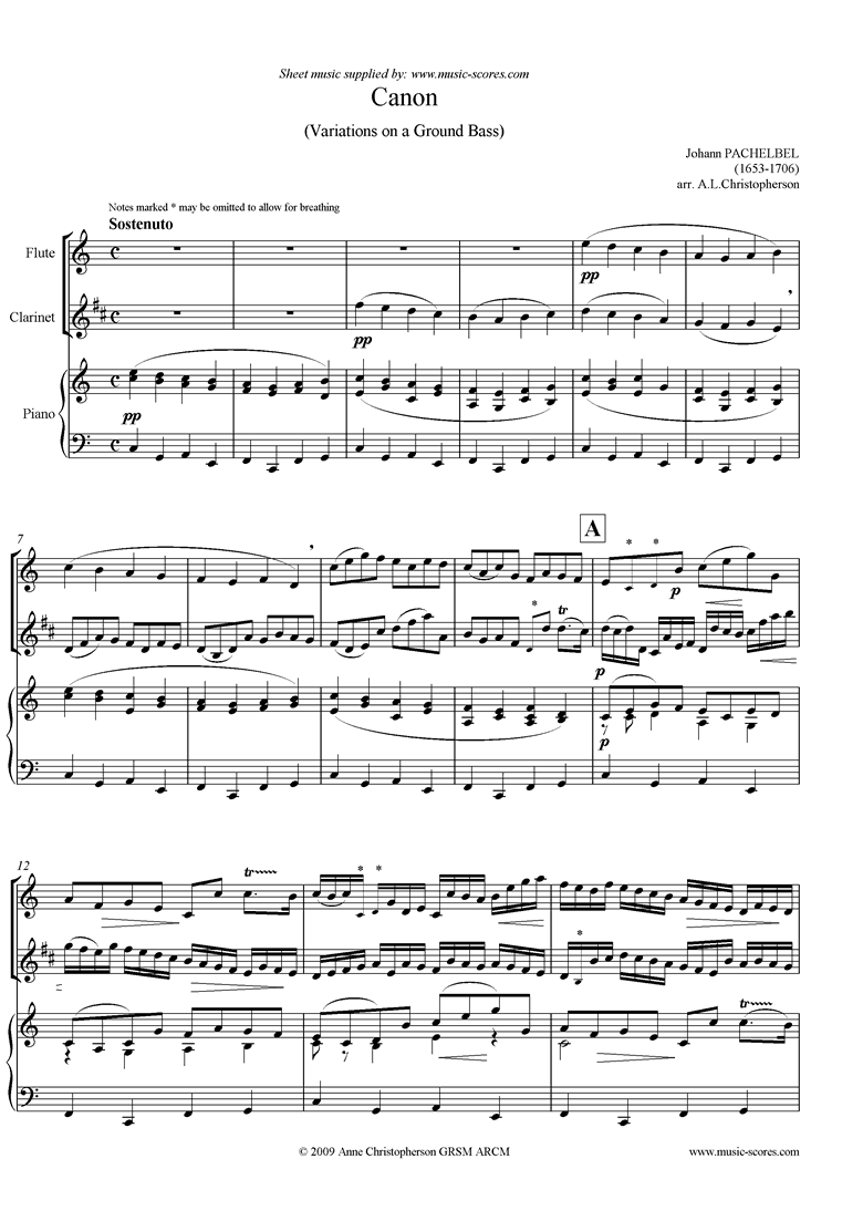 Front page of Canon: Flute, Clarinet and Piano sheet music