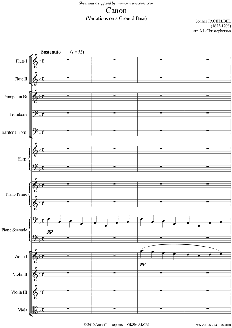 Front page of Canon: Wind, Brass, Harp, Piano duet, Strings: F major sheet music
