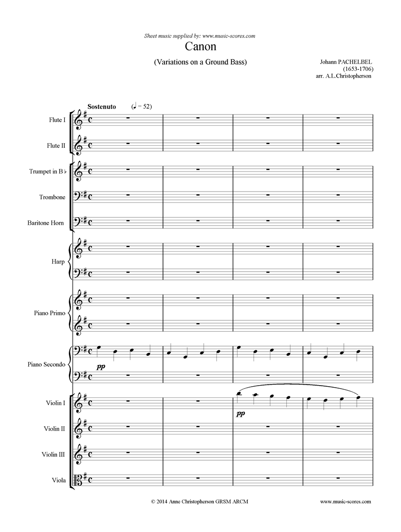 Front page of Canon: Wind, Brass, Harp, Piano duet, Strings: G major sheet music