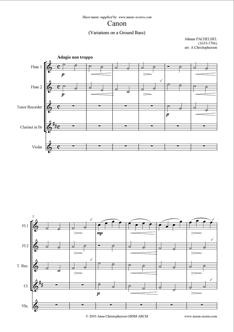 Canon: Tenor Rec, 2 Flutes, Violin, Clarinet by Pachelbel