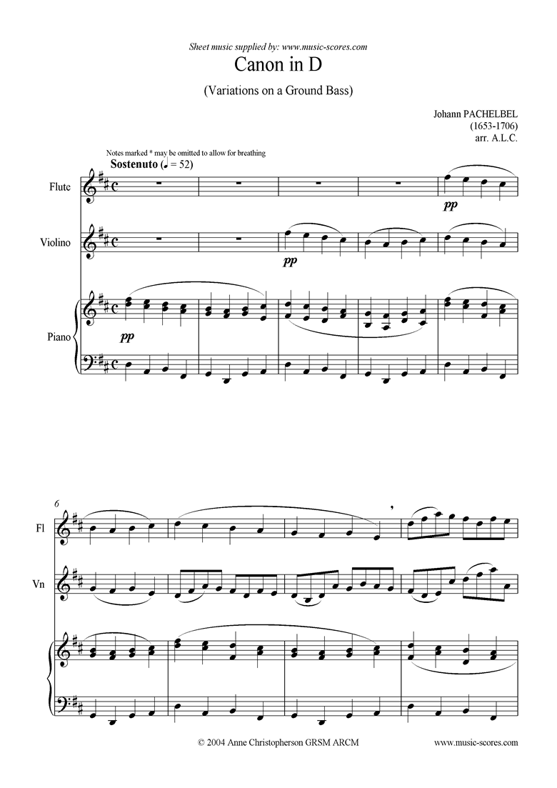 Canon: trio for flute, violin and piano by Pachelbel