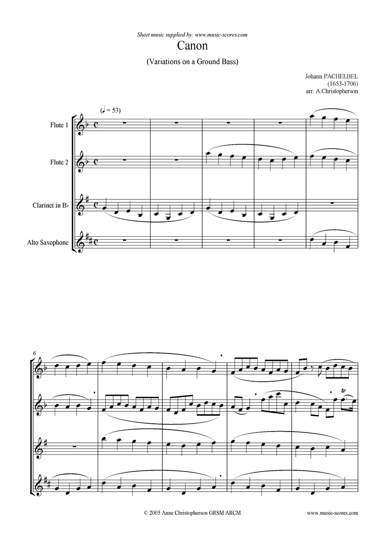 Canon: Quartet: 2 Flutes, clarinet, alto sax by Pachelbel