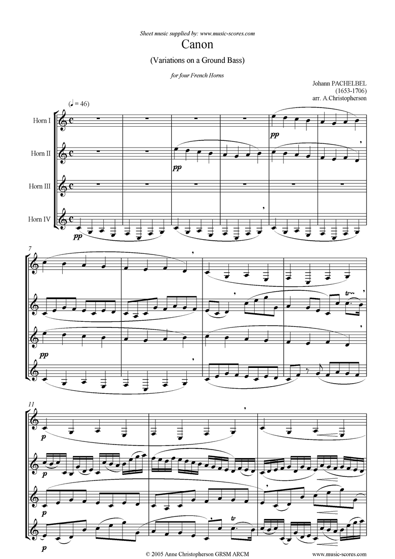Front page of Canon: 4 French Horns sheet music