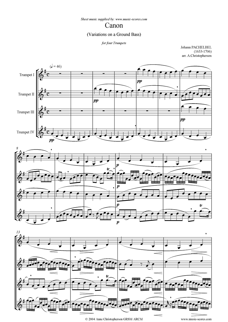 Front page of Canon: 4 Trumpets sheet music