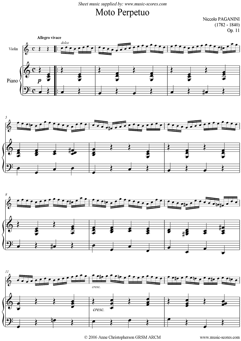 Front page of Moto Perpetuo: Op. 11: Violin, Piano sheet music