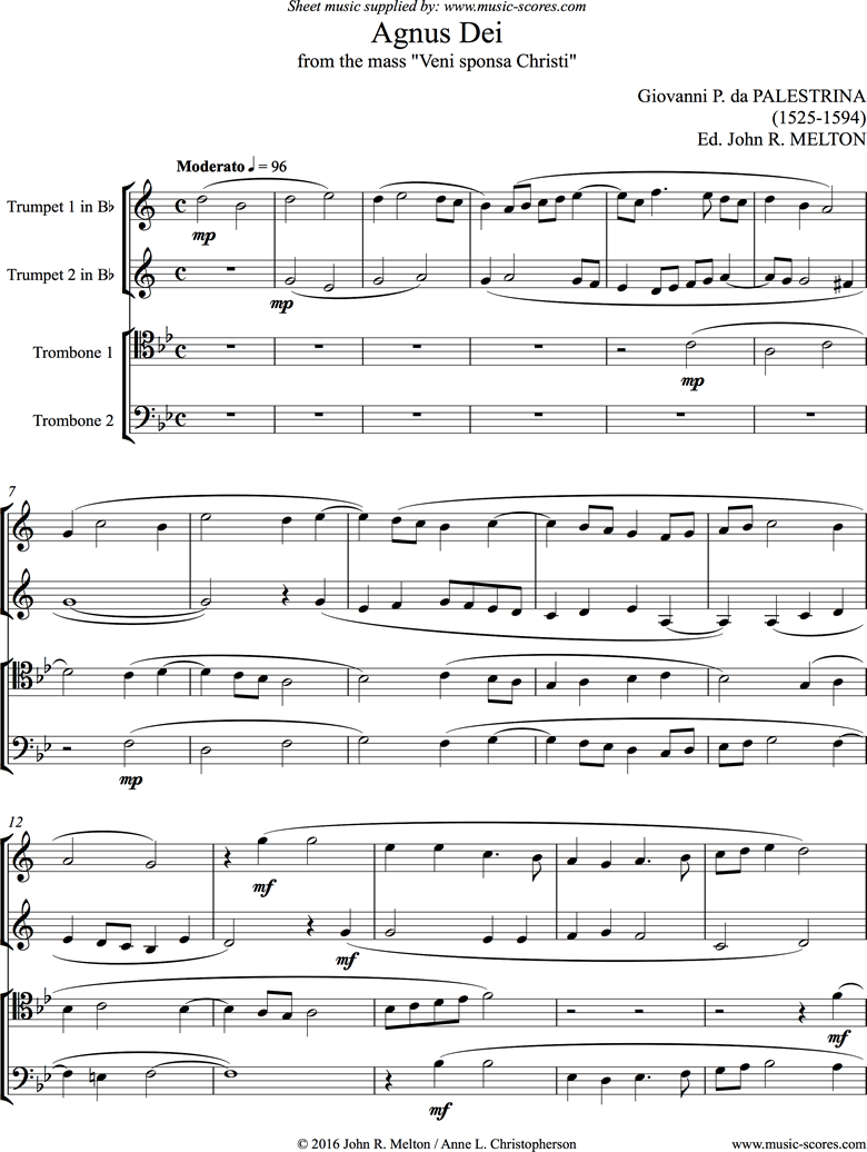Front page of Veni sponsa Christi: Agnus Dei: Brass Quartet sheet music