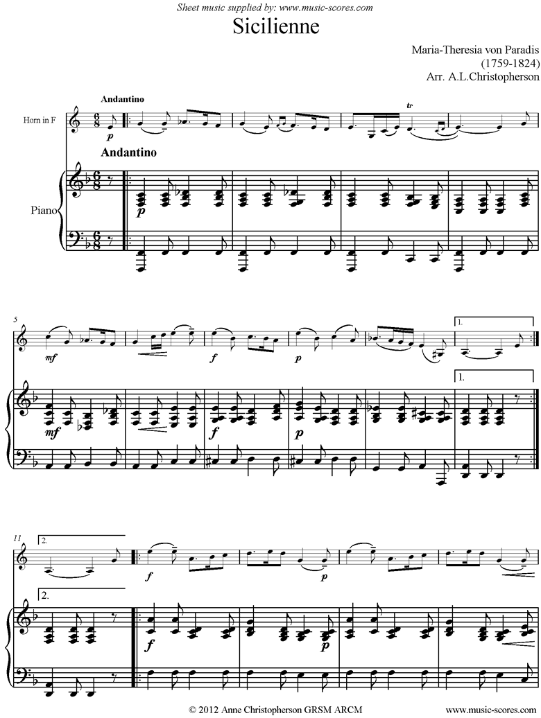 Front page of Siciliano: French Horn, Piano sheet music