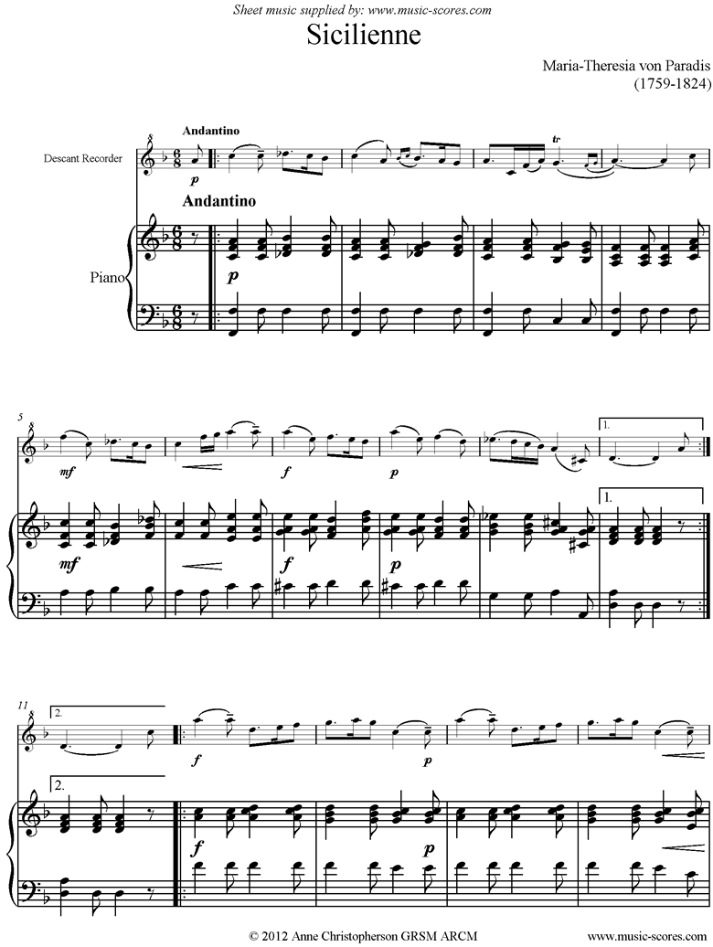 Front page of Siciliano: Descant Recorder, Piano sheet music