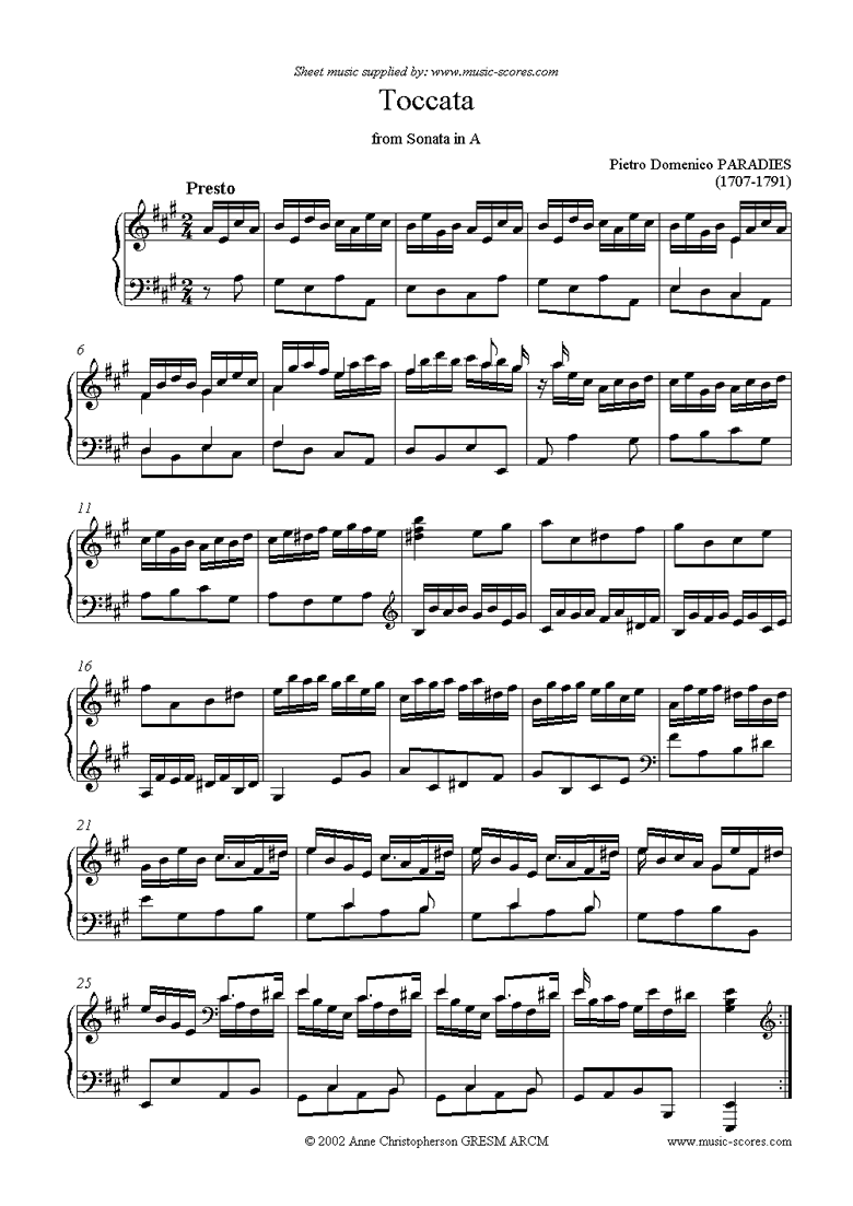 Front page of Toccata: Sonata in A sheet music