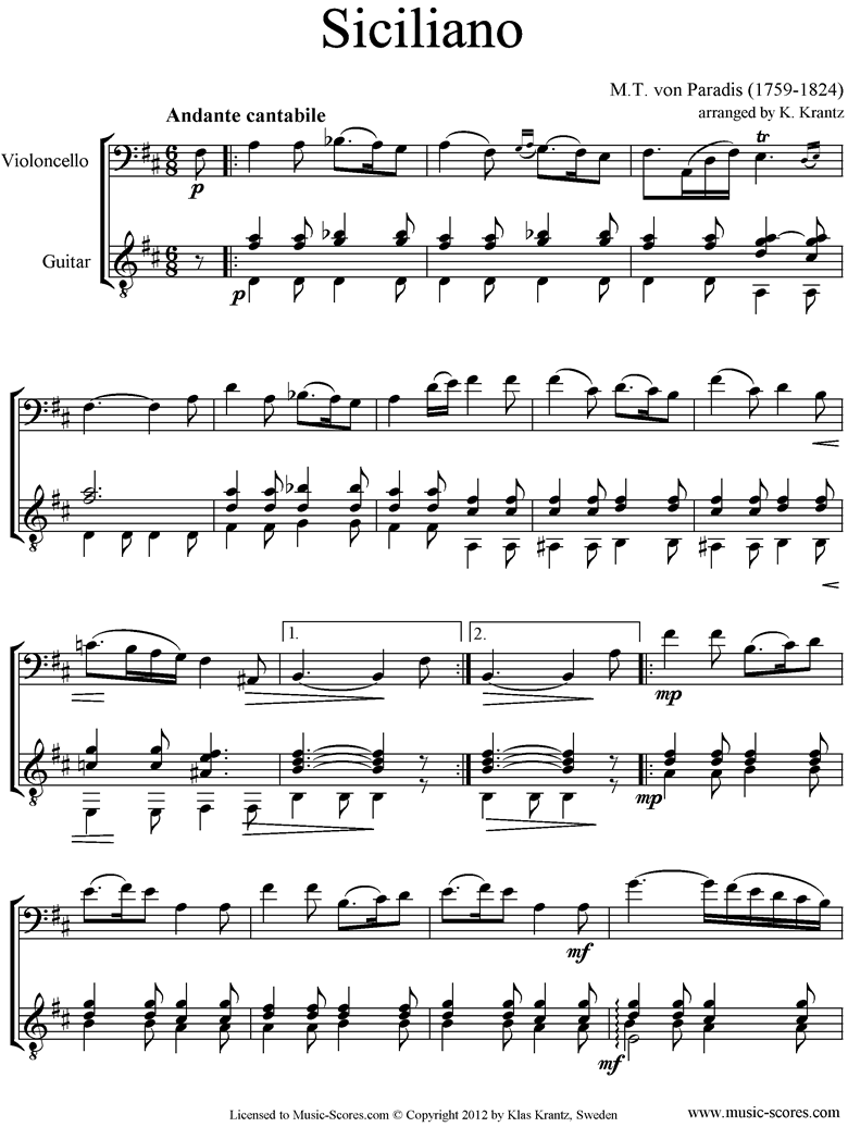 Front page of Siciliano: Cello, Guitar sheet music