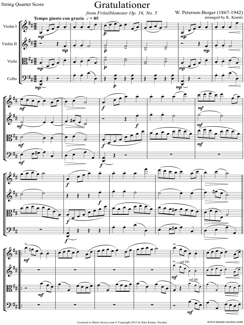 Front page of Op.16 No.5: Congratulationer: String Quartet sheet music