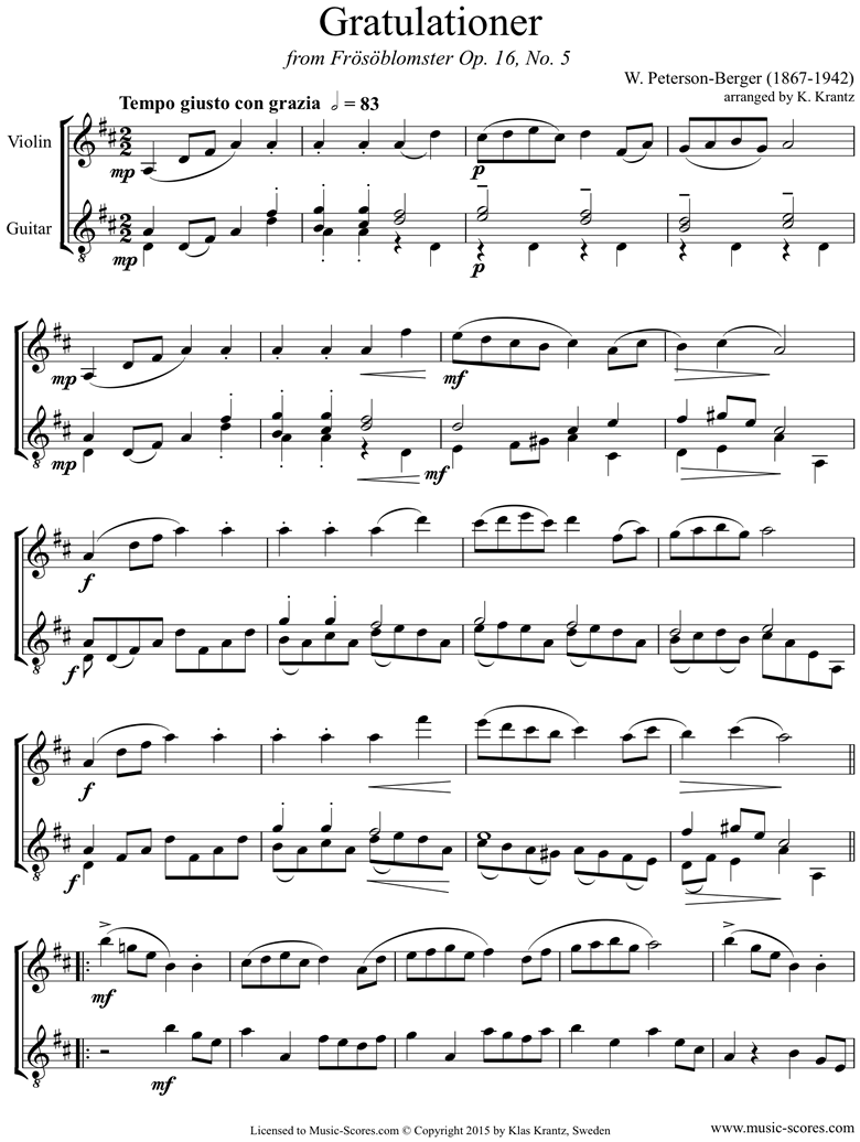 Front page of Op.16 No.5: Congratulationer: Violin, Guitar sheet music