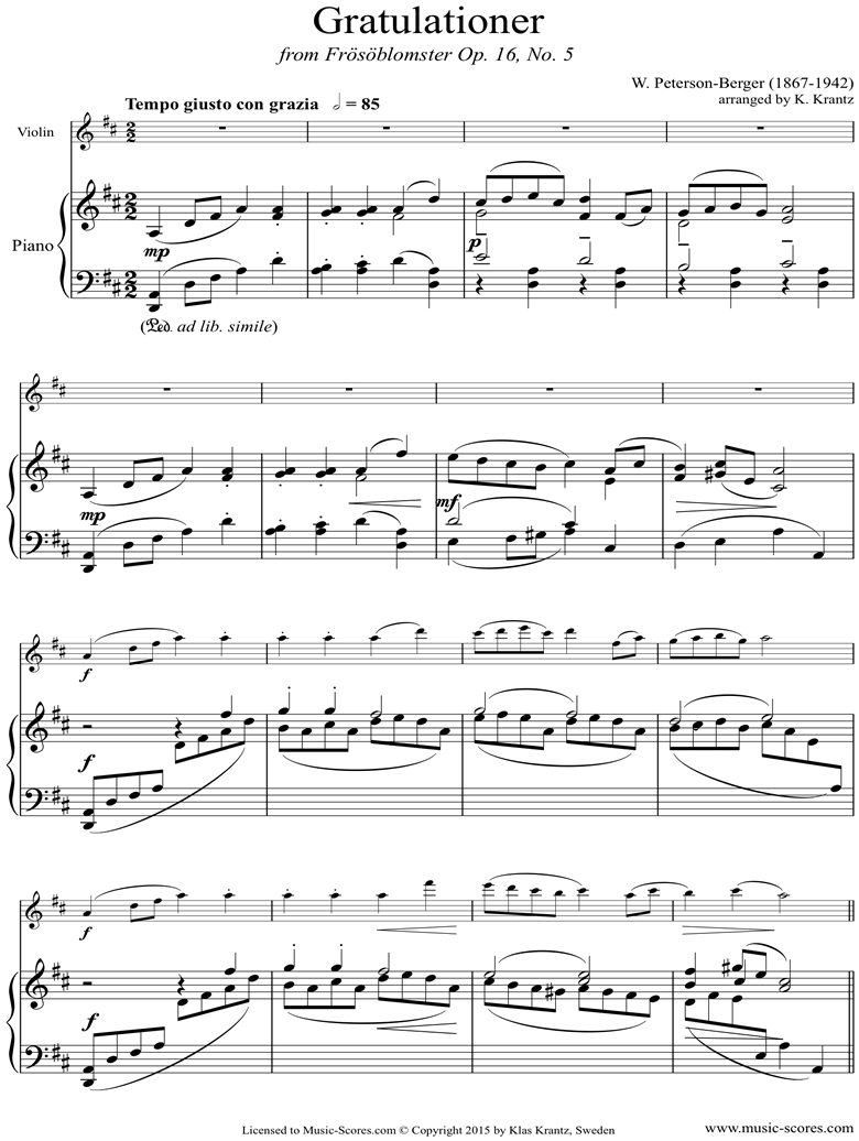 Op.16 No.5: Congratulationer: Violin, Piano by Peterson-Berger