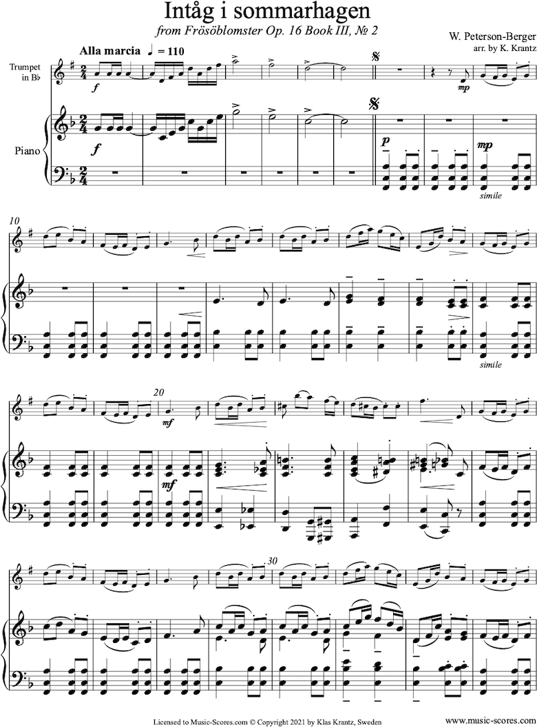 Op.16 Bk 3 No.2: Summer Garden: Trumpet, Piano by Peterson-Berger