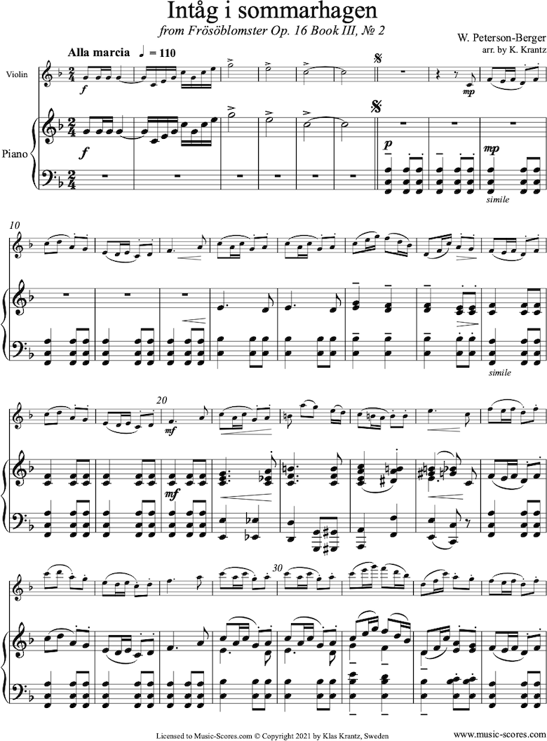 Op.16 Bk 3 No.2: Summer Garden: Violin, Piano by Peterson-Berger