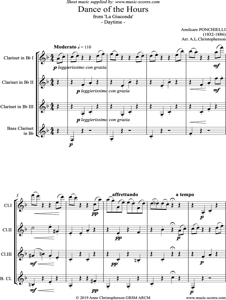 Front page of Dance of the Hours: Daytime: Clarinet Quartet sheet music
