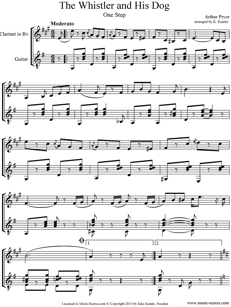 Front page of The Whistler and his Dog: Clarinet, Guitar sheet music