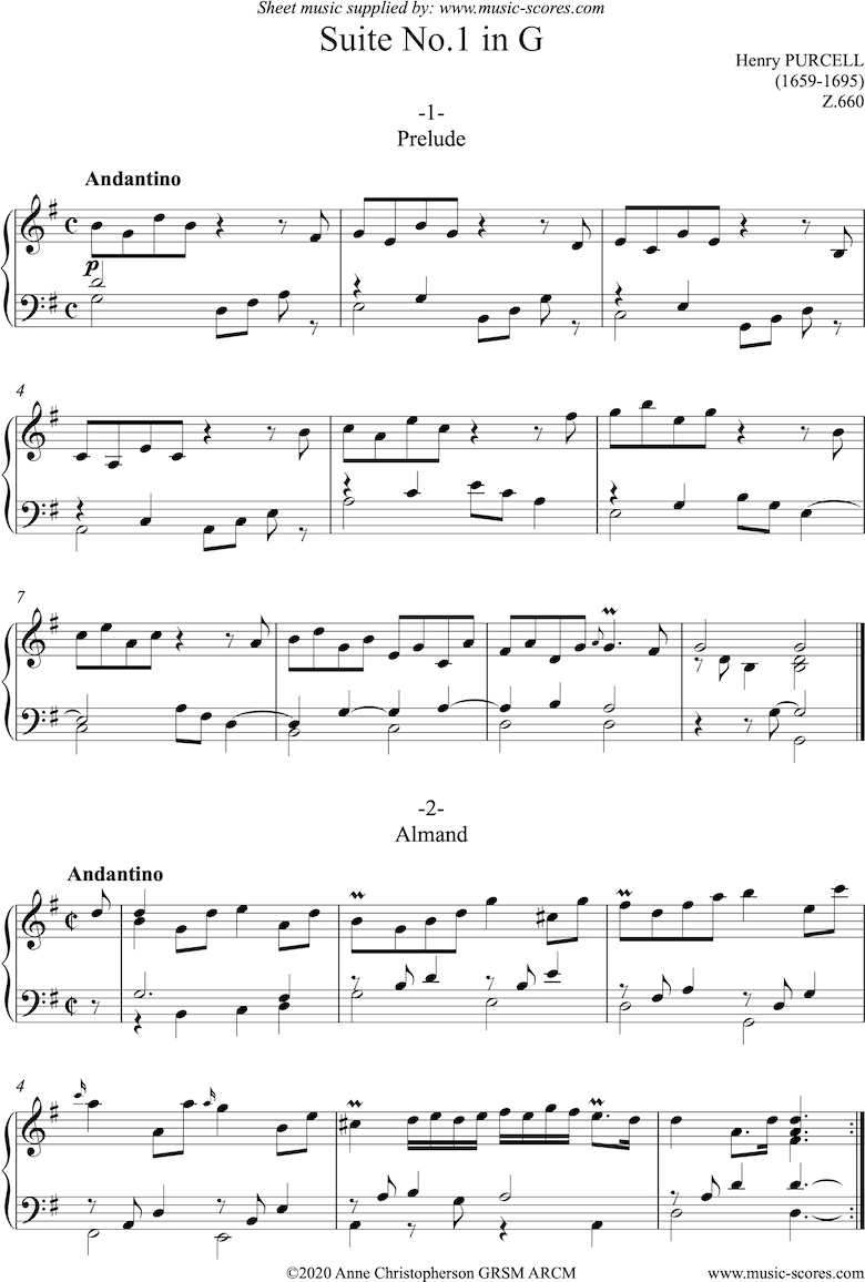 Front page of Suite No1 in G: Z.660: Piano sheet music