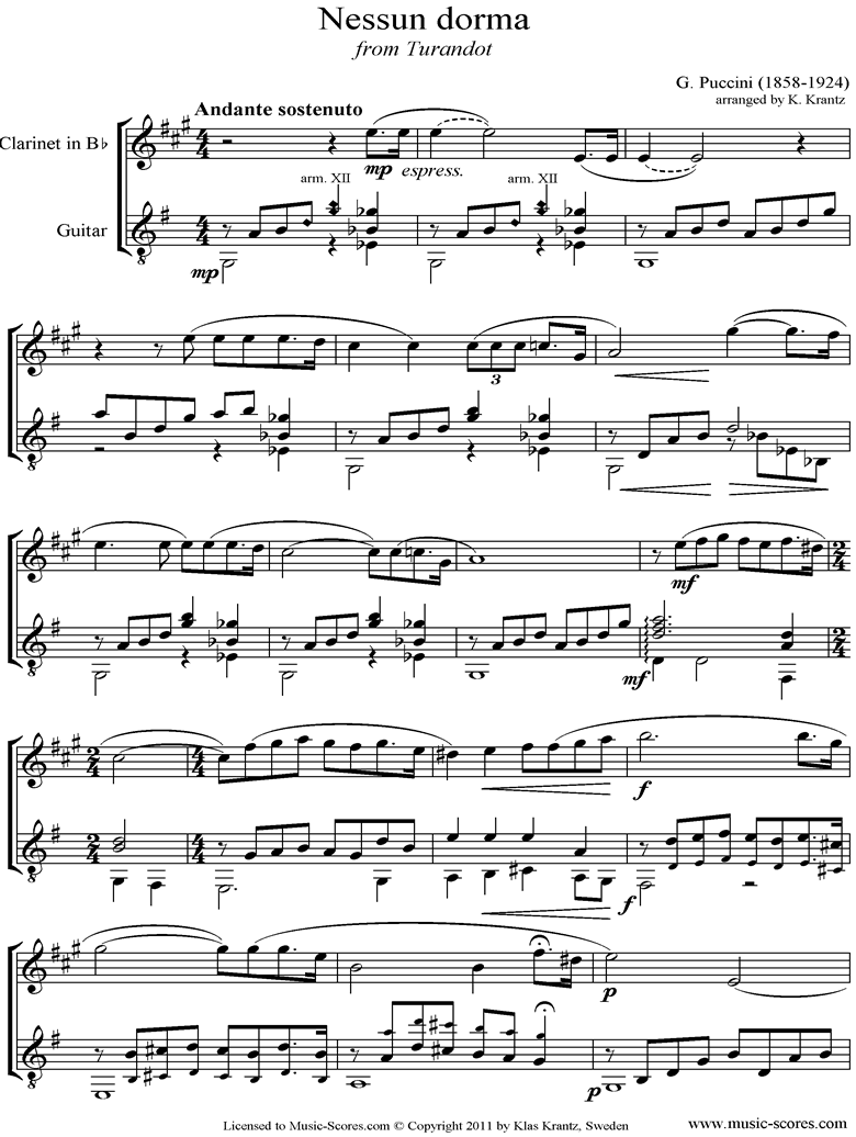 Turandot: Nessun Dorma: Clarinet, Guitar by Puccini