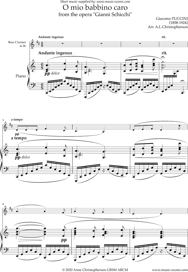 Gianni Schicci: O Mio Babbino Caro: Bass Clarinet and Piano by Puccini
