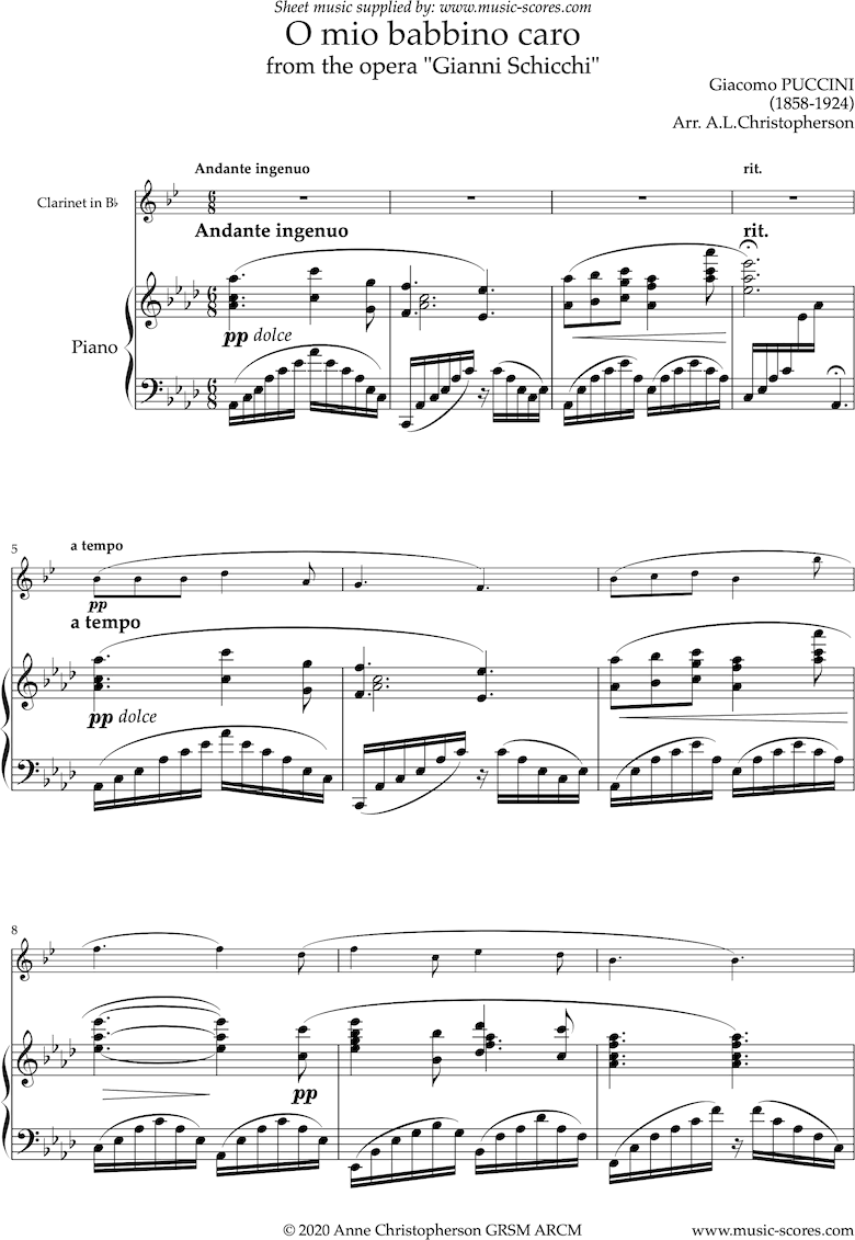 Gianni Schicci: O Mio Babbino Caro: Clarinet and Piano by Puccini