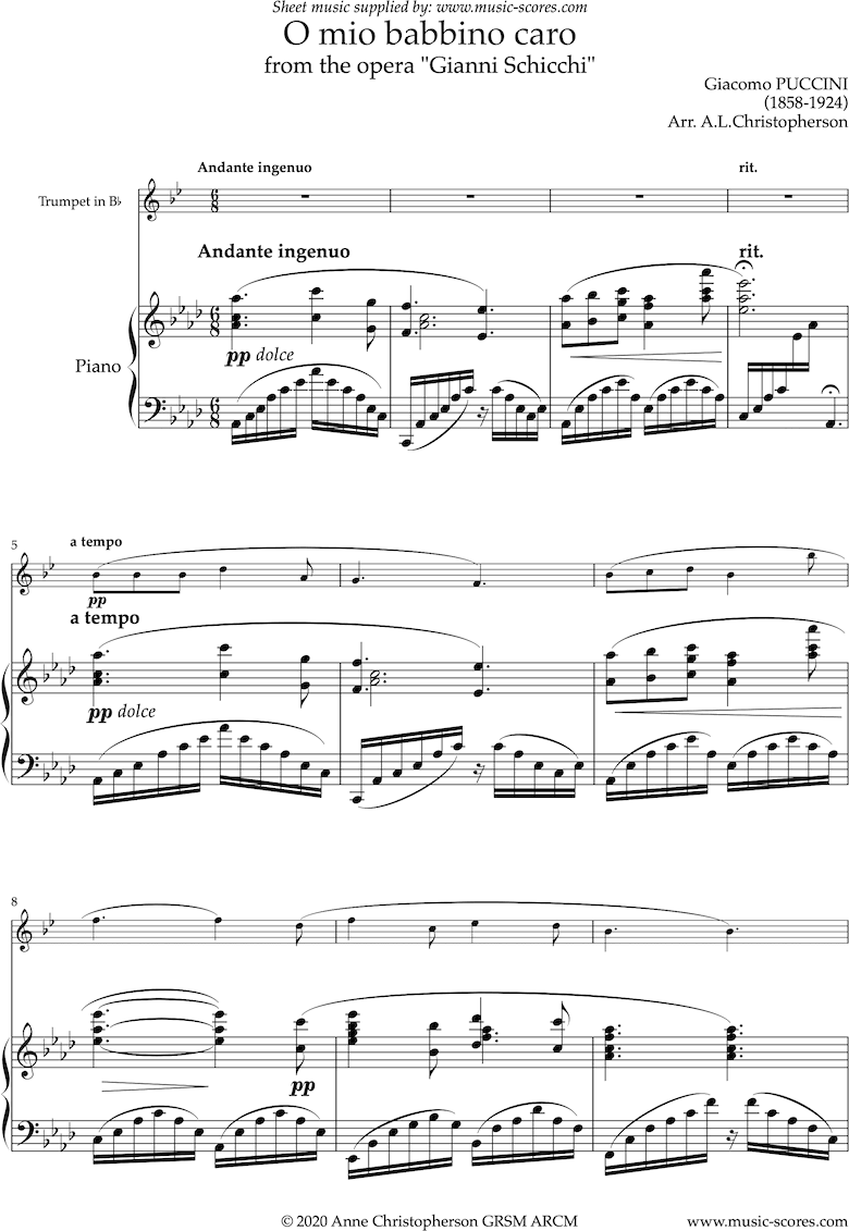 Gianni Schicci: O Mio Babbino Caro: Trumpet and Piano by Puccini