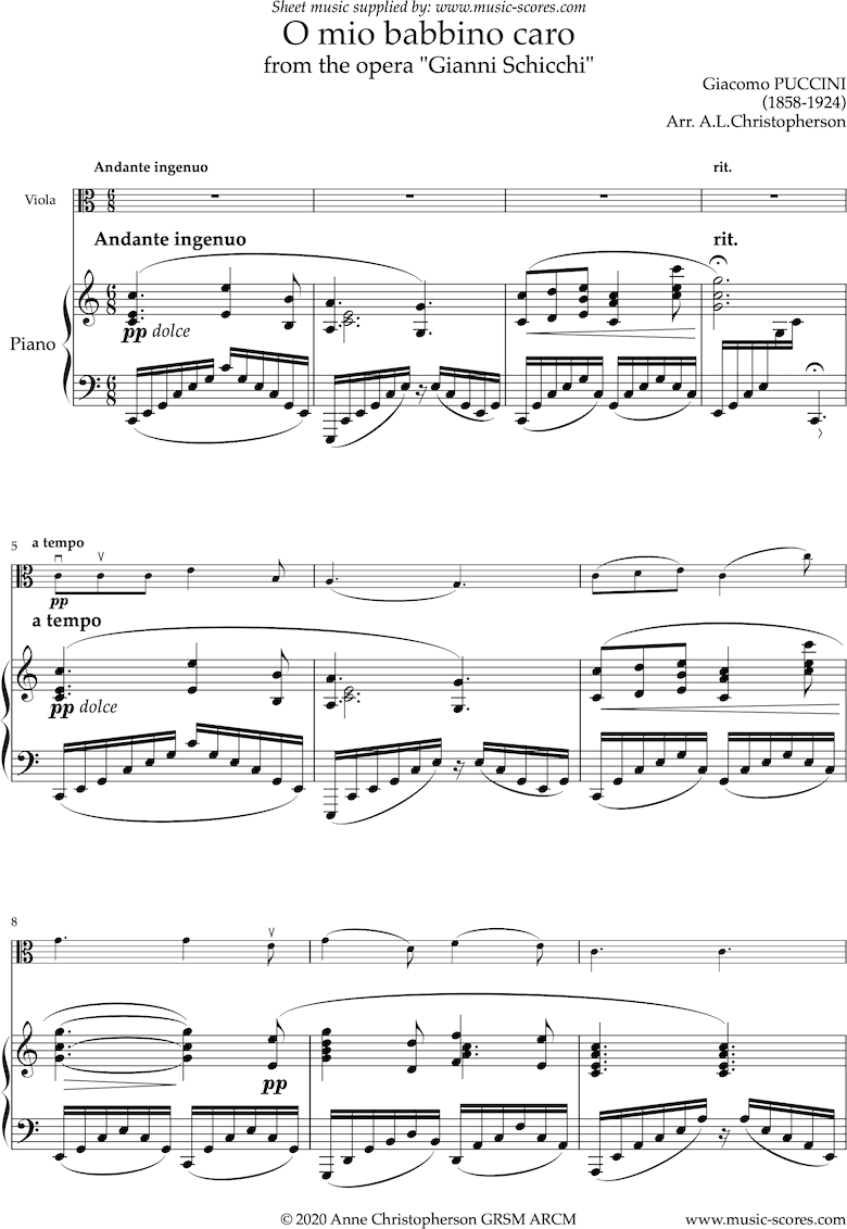 Gianni Schicci: O Mio Babbino Caro: Viola and Piano by Puccini