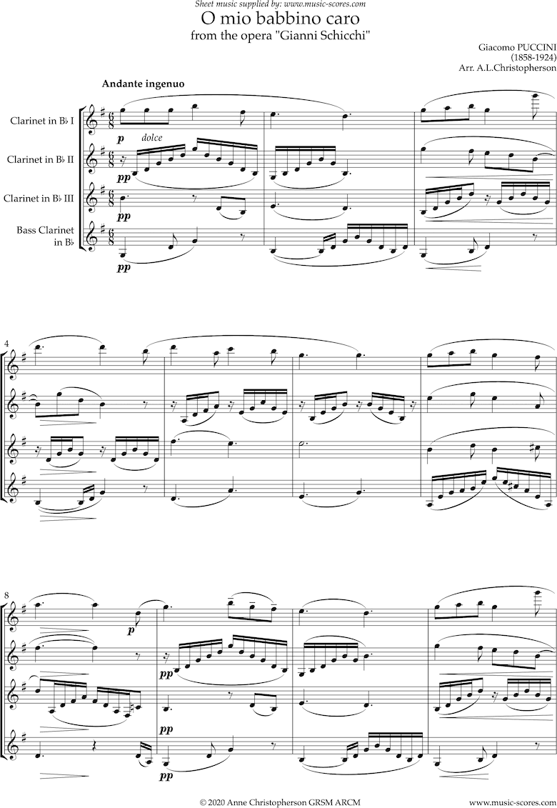 Gianni Schicci: O Mio Babbino Caro: Clarinet Quartet by Puccini