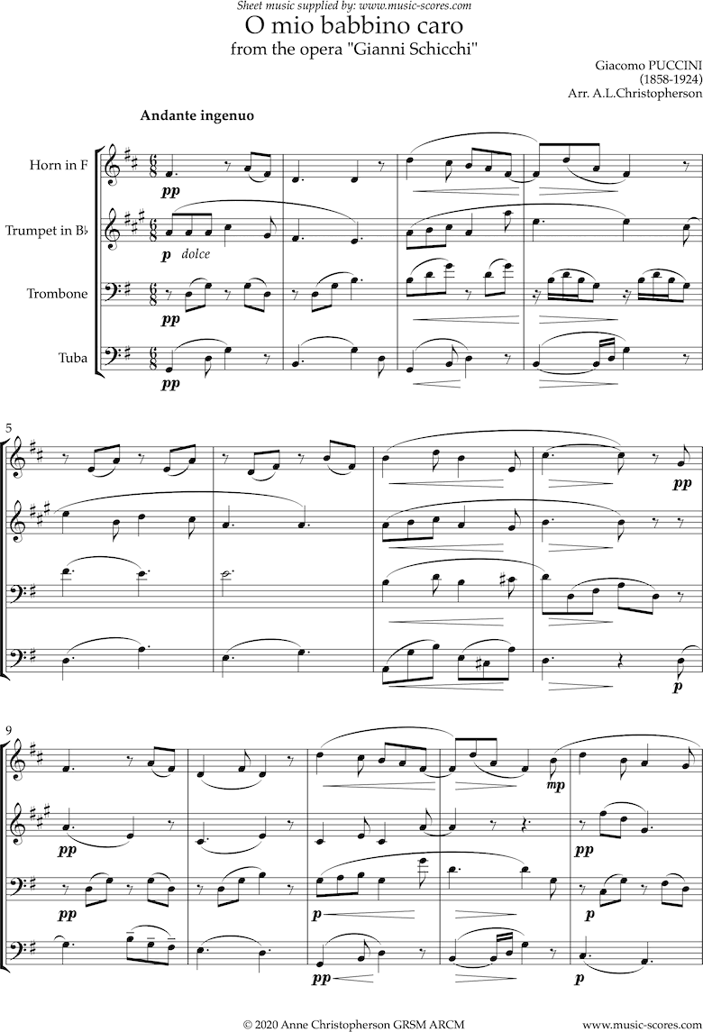Gianni Schicci: O Mio Babbino Caro: Brass Quartet by Puccini