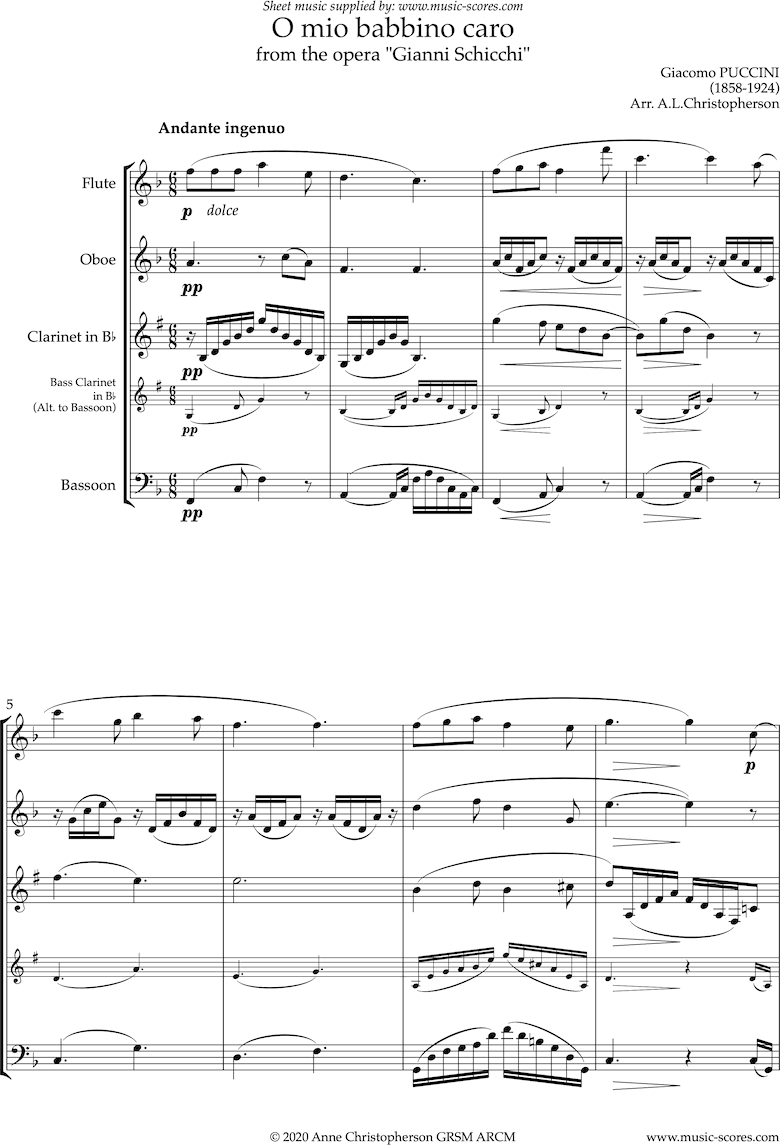 Gianni Schicci: O Mio Babbino Caro: Wind Quartet by Puccini
