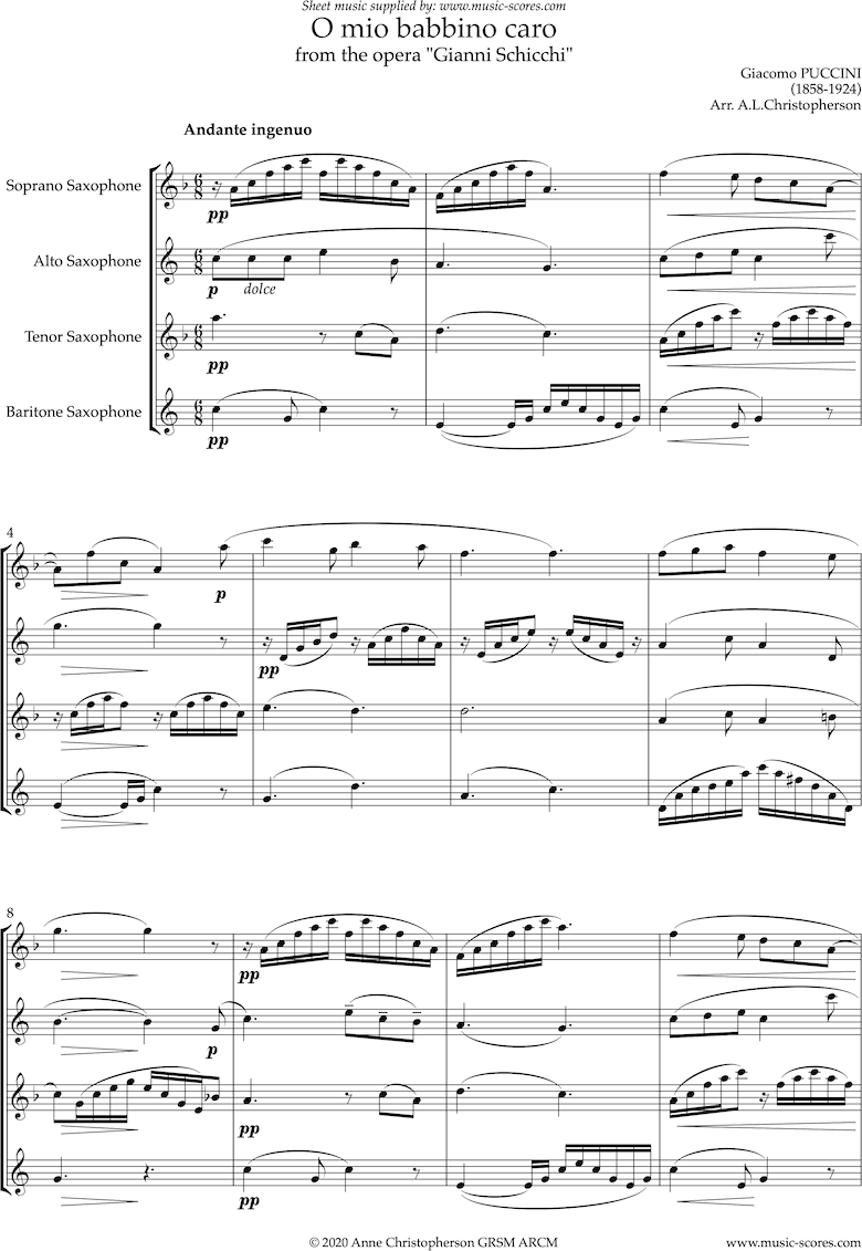 Gianni Schicci: O Mio Babbino Caro: Sax Quartet by Puccini