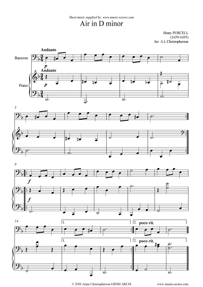 Front page of Air in D minor: Bassoon sheet music