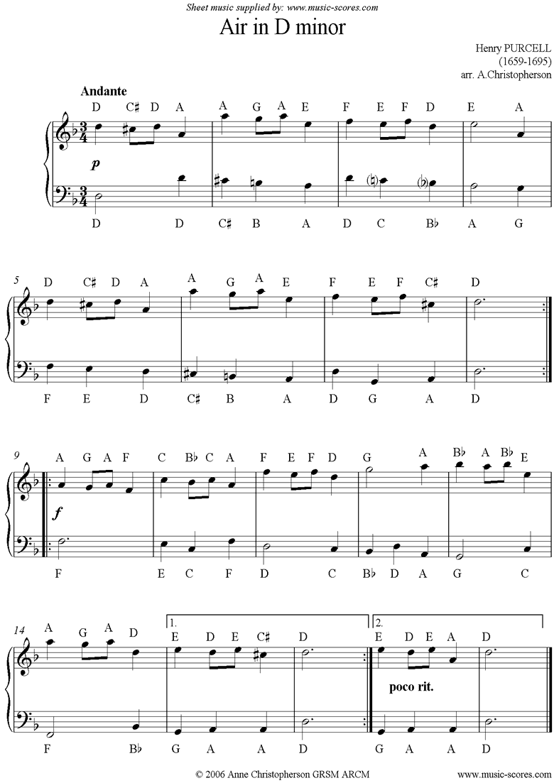 Front page of Air in D minor: Easy piano sheet music