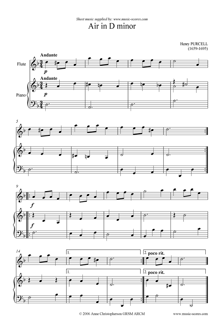 Front page of Air in D minor: Flute sheet music