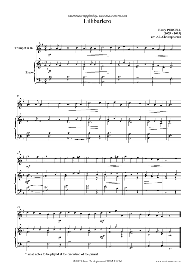 Front page of Lilliburlero: Trumpet sheet music