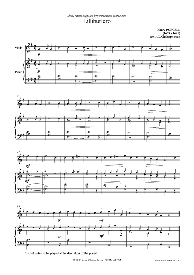 Front page of Lilliburlero: Violin sheet music