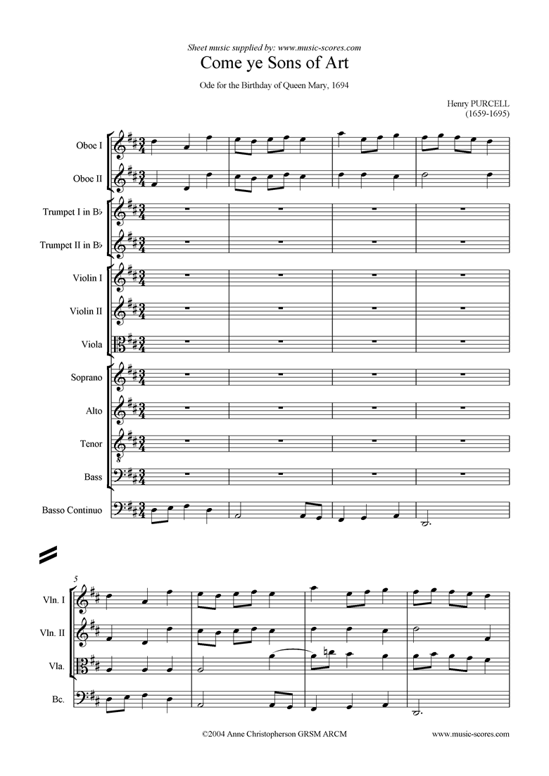 Front page of Come Ye Sons of Art, 2nd Chorus: Chamber Orchestra sheet music