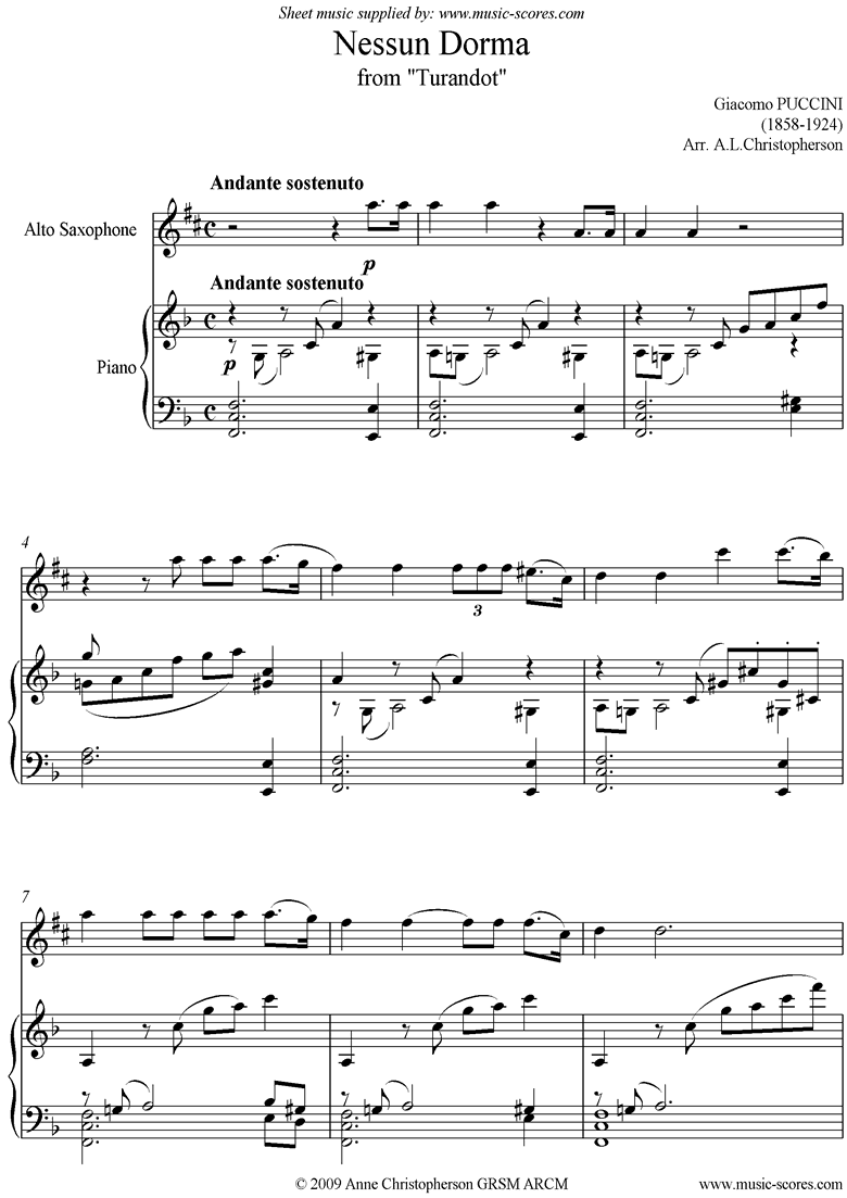 Front page of Turandot: Nessun Dorma: Alto Sax sheet music