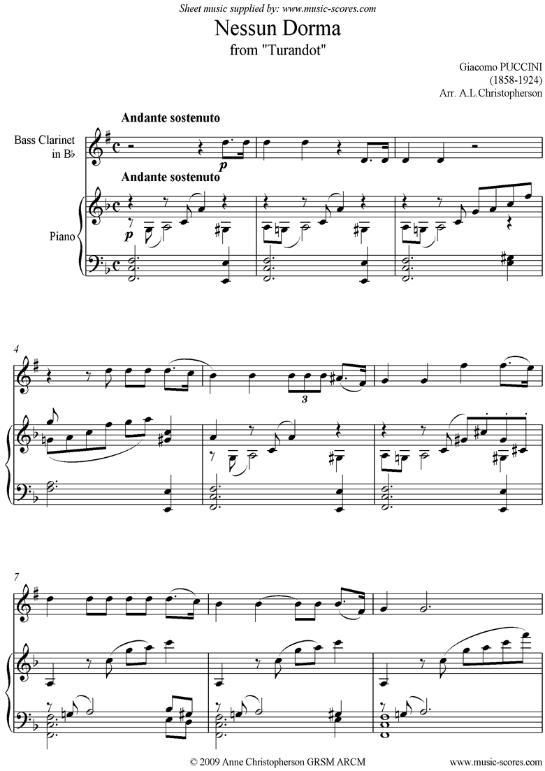 Front page of Turandot: Nessun Dorma: Bass Clarinet sheet music