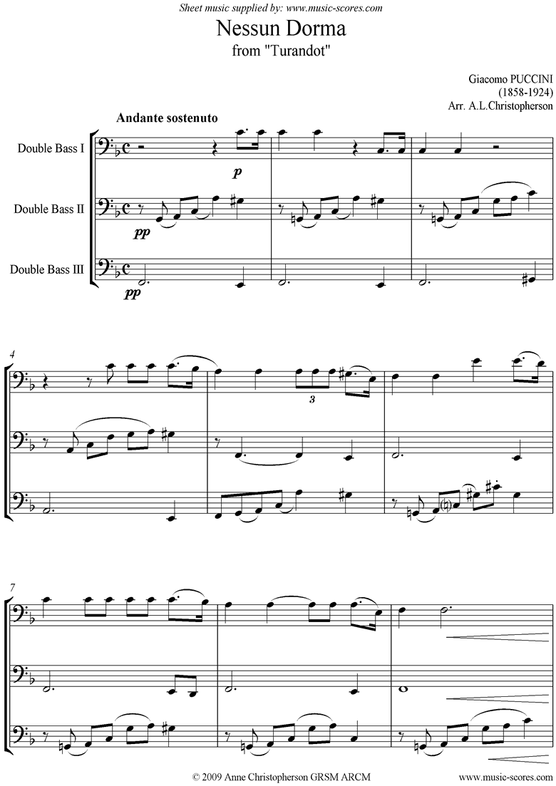 Front page of Turandot: Nessun Dorma: Double Bass Trio sheet music