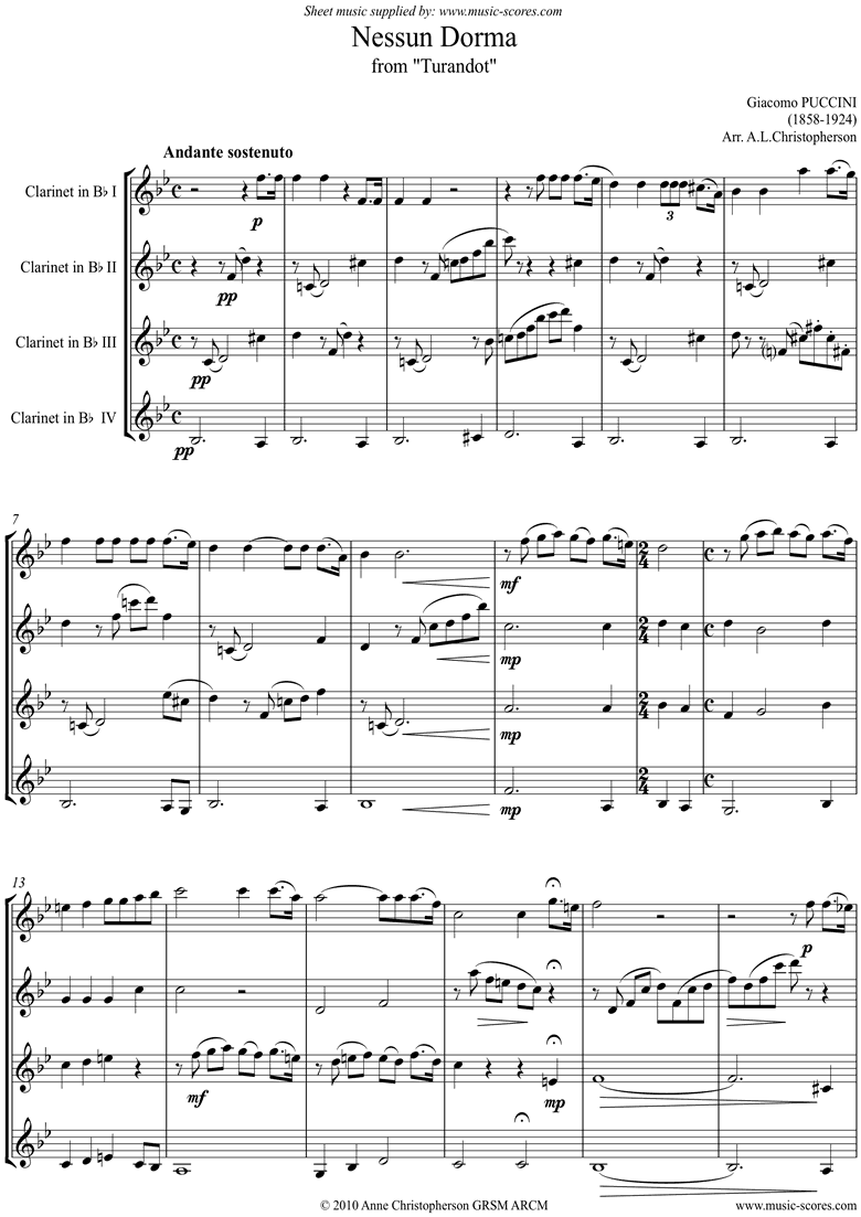 Turandot: Nessun Dorma: 4 Clarinets by Puccini