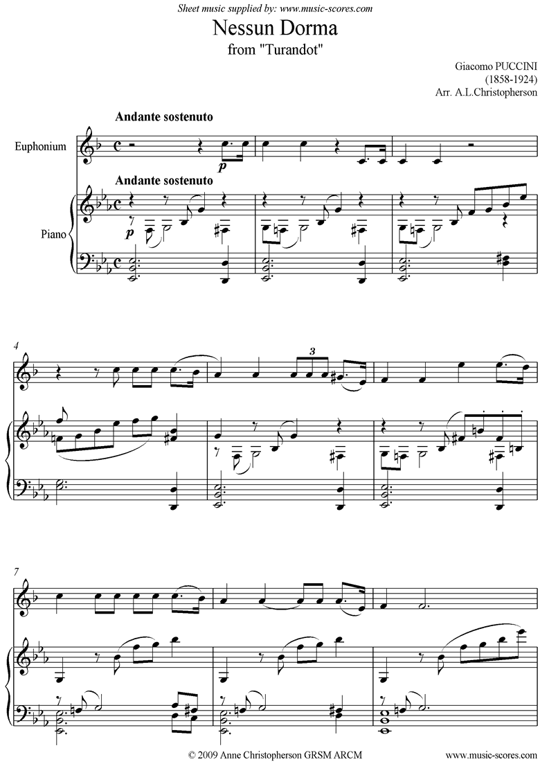 Front page of Turandot: Nessun Dorma: Euphonium sheet music