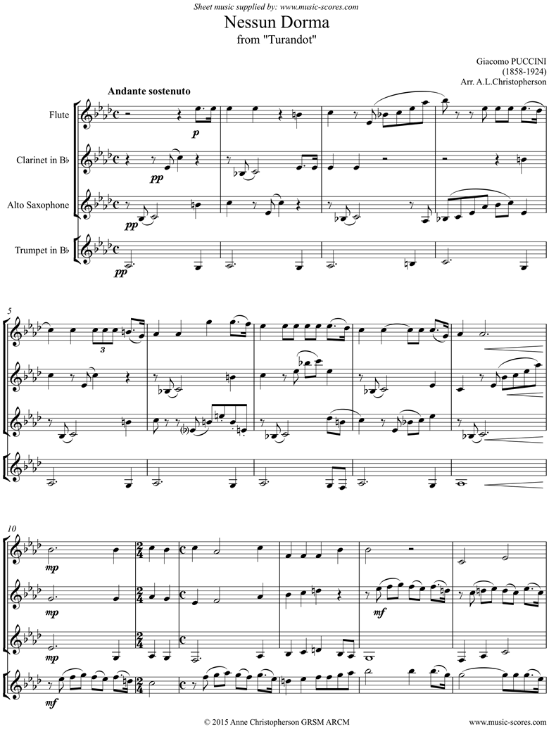 Front page of Turandot: Nessun Dorma: Flute, Clarinet, Alto Sax, Trumpet sheet music