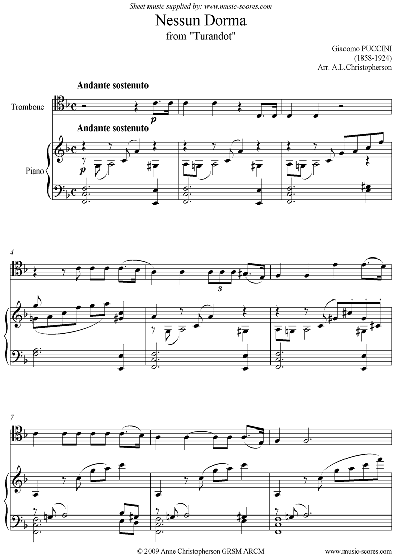 Turandot: Nessun Dorma: Trombone by Puccini