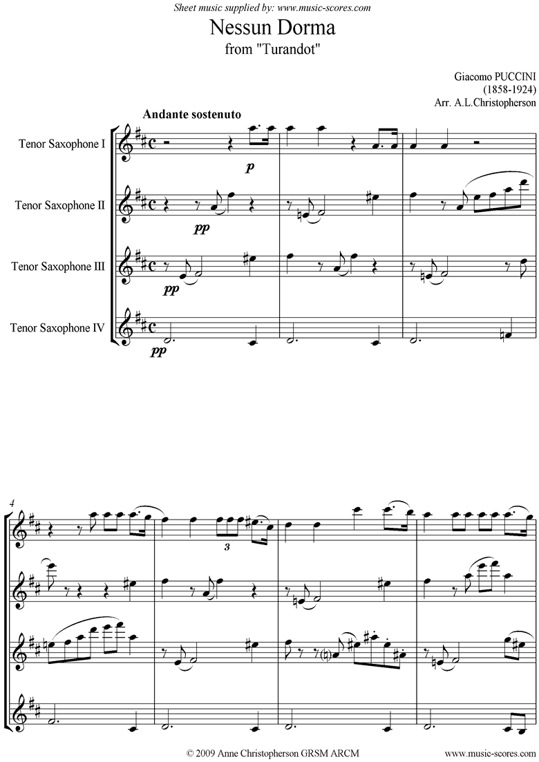 Front page of Turandot: Nessun Dorma: Tenor Sax Quartet sheet music