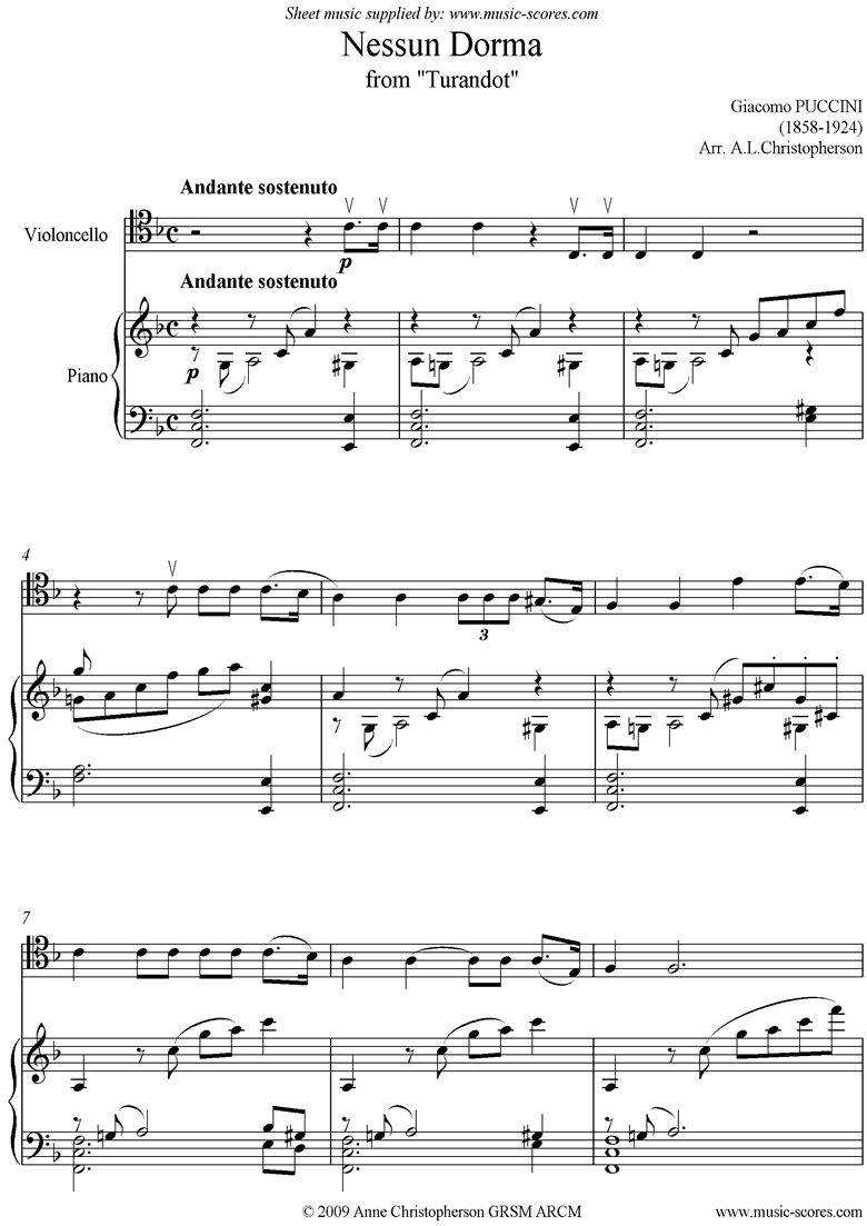 Front page of Turandot: Nessun Dorma: Cello sheet music