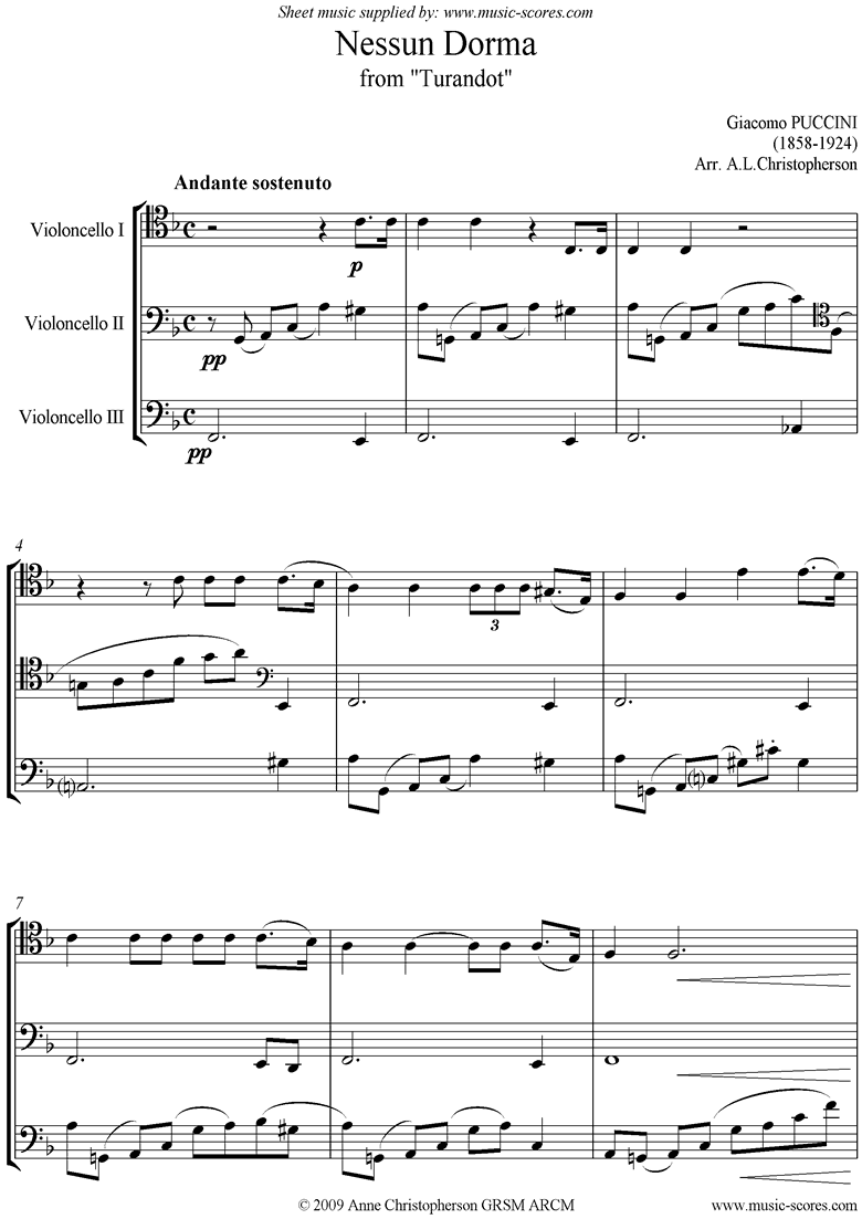 Turandot: Nessun Dorma: Cello Trio by Puccini