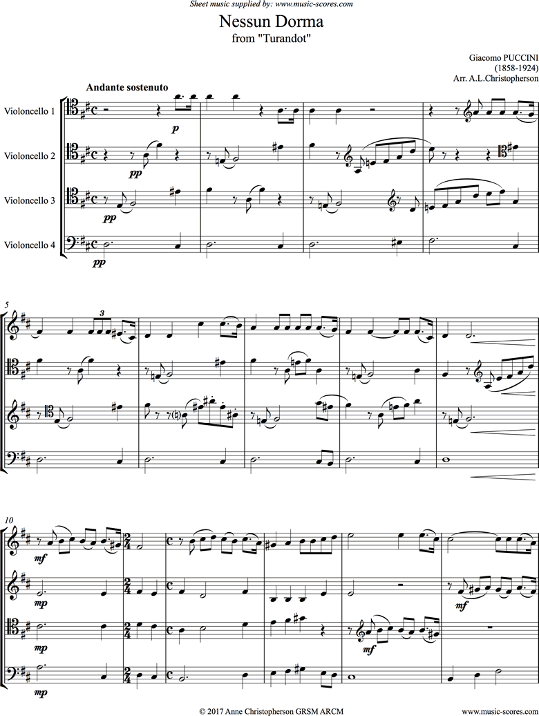 Turandot: Nessun Dorma: Cello Quartet by Puccini