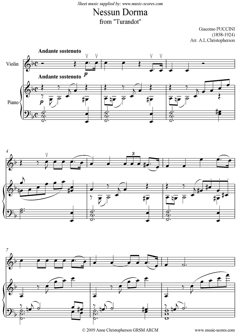 Front page of Turandot: Nessun Dorma: Violin sheet music