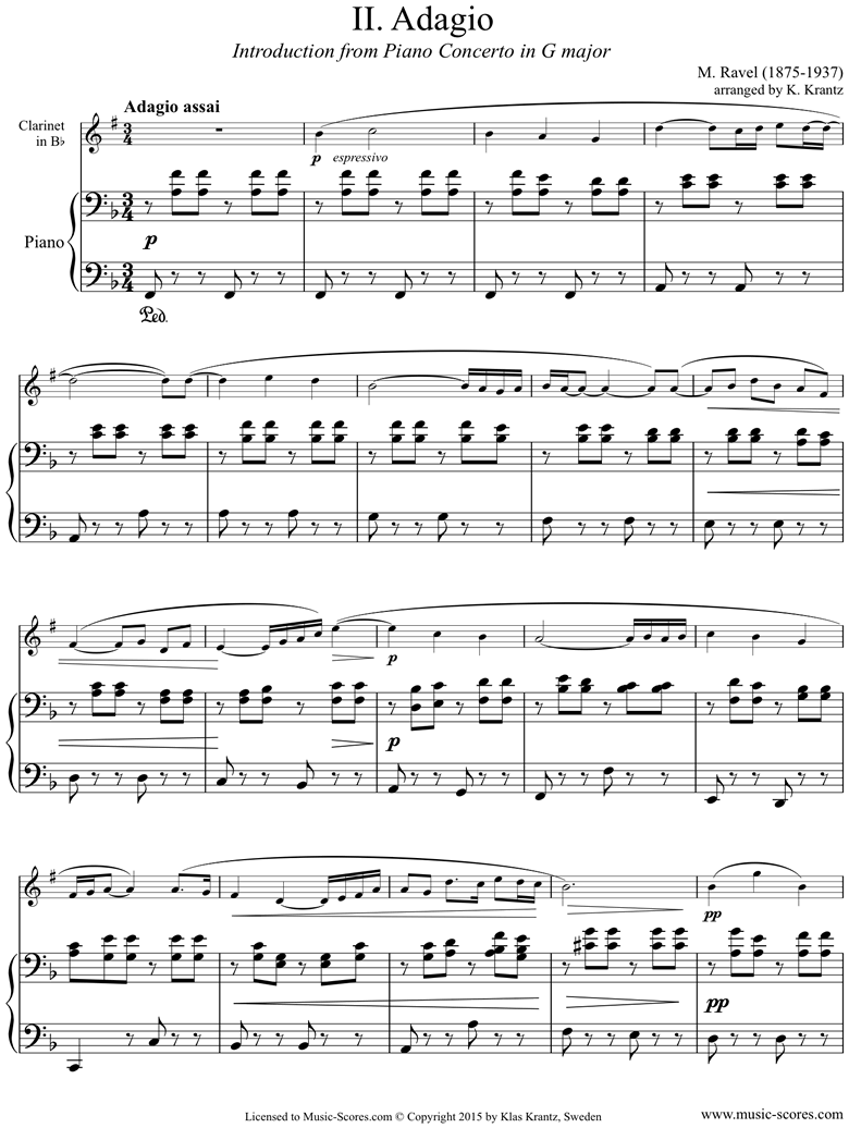 Front page of Piano Concerto in G ma, 2nd mvt: Clarinet, Piano sheet music
